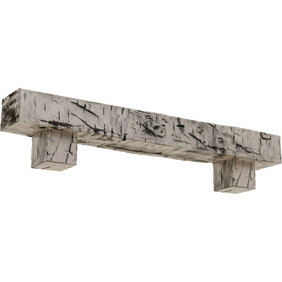 Ekena Millwork 8"H x 12"D x 60"W Hand Hewn Faux Wood Fireplace Mantel Kit w/ Alamo Corbels, Burnished Pine