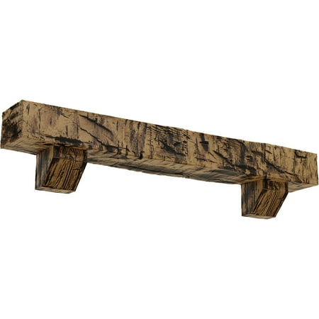 Ekena Millwork 8"H x 12"D x 60"W Hand Hewn Faux Wood Fireplace Mantel Kit with Ashford Corbels, Natural Golden Oak