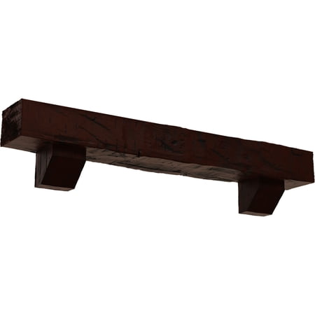 Ekena Millwork 8"H x 12"D x 60"W Hand Hewn Faux Wood Fireplace Mantel Kit with Ashford Corbels, Natural Pecan