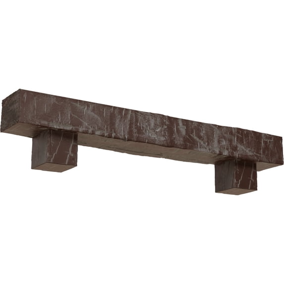 Ekena Millwork 8"H x 12"D x 72"W Hand Hewn Faux Wood Fireplace Mantel Kit w/ Alamo Corbels, Aged Pecan