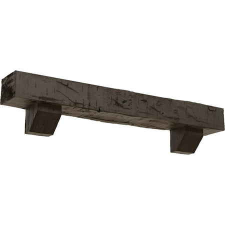 Ekena Millwork 8"H x 12"D x 72"W Hand Hewn Faux Wood Fireplace Mantel Kit with Ashford Corbels, Natural Honey Dew