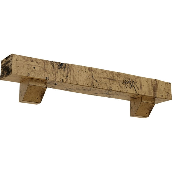 Ekena Millwork 8"H x 8"D x 48"W Knotty Pine Faux Wood Fireplace Mantel Kit with Ashford Corbels, Natural Golden Oak