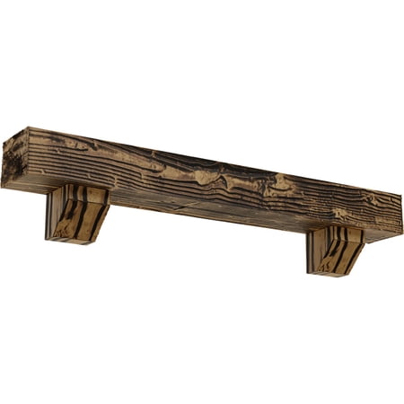 Ekena Millwork 8"H x 8"D x 48"W Sandblasted Faux Wood Fireplace Mantel Kit with Ashford Corbels, Natural Golden Oak