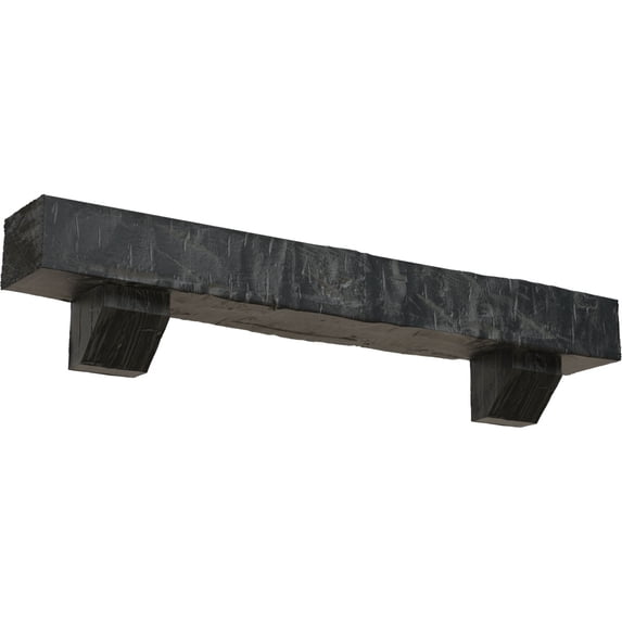 Ekena Millwork 8"H x 8"D x 60"W Hand Hewn Faux Wood Fireplace Mantel Kit with Ashford Corbels, Aged Ash
