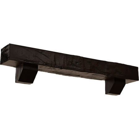 Ekena Millwork 8"H x 8"D x 60"W Hand Hewn Faux Wood Fireplace Mantel Kit with Ashford Corbels, Premium Mahogany