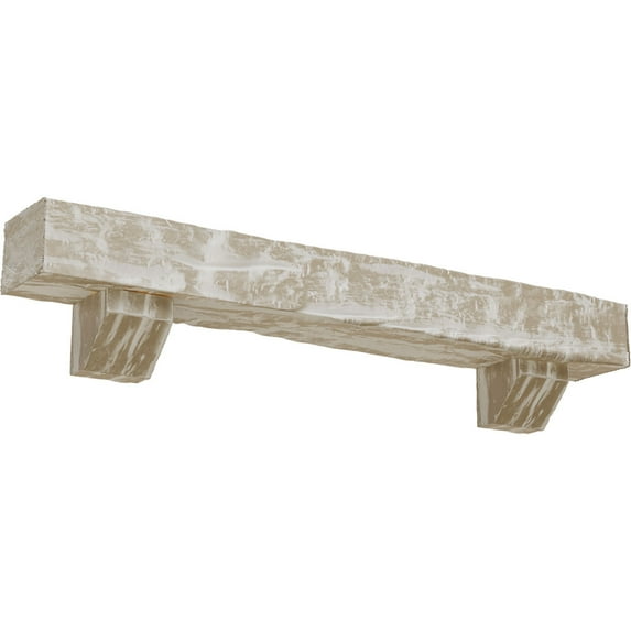 Ekena Millwork 8"H x 8"D x 60"W Riverwood Faux Wood Fireplace Mantel Kit with Ashford Corbels, White Washed