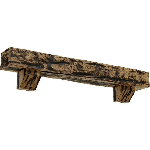 Ekena Millwork 8"H x 8"D x 72"W Riverwood Faux Wood Fireplace Mantel Kit with Ashford Corbels, Natural Golden Oak