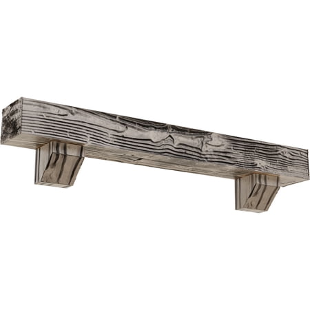 Ekena Millwork 8"H x 8"D x 72"W Sandblasted Faux Wood Fireplace Mantel Kit with Ashford Corbels, Burnished Pine