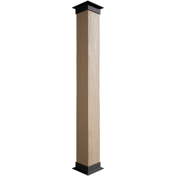 Ekena Millwork 8"W x 6'H Sand Blasted Endurathane Faux Wood Non-Tapered Square Column Wrap with Faux Iron Capital & Base