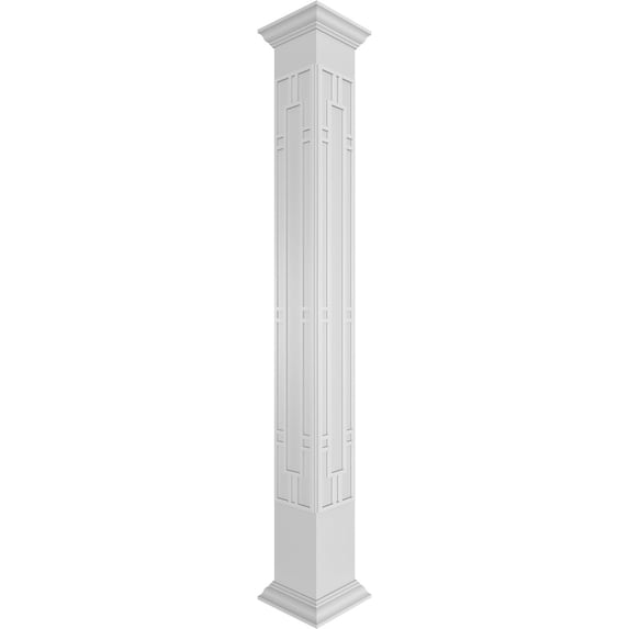 Ekena Millwork 8"W x 8'H Craftsman Classic Square Non-Tapered Hastings Fretwork Column w/ Crown Capital & Crown Base