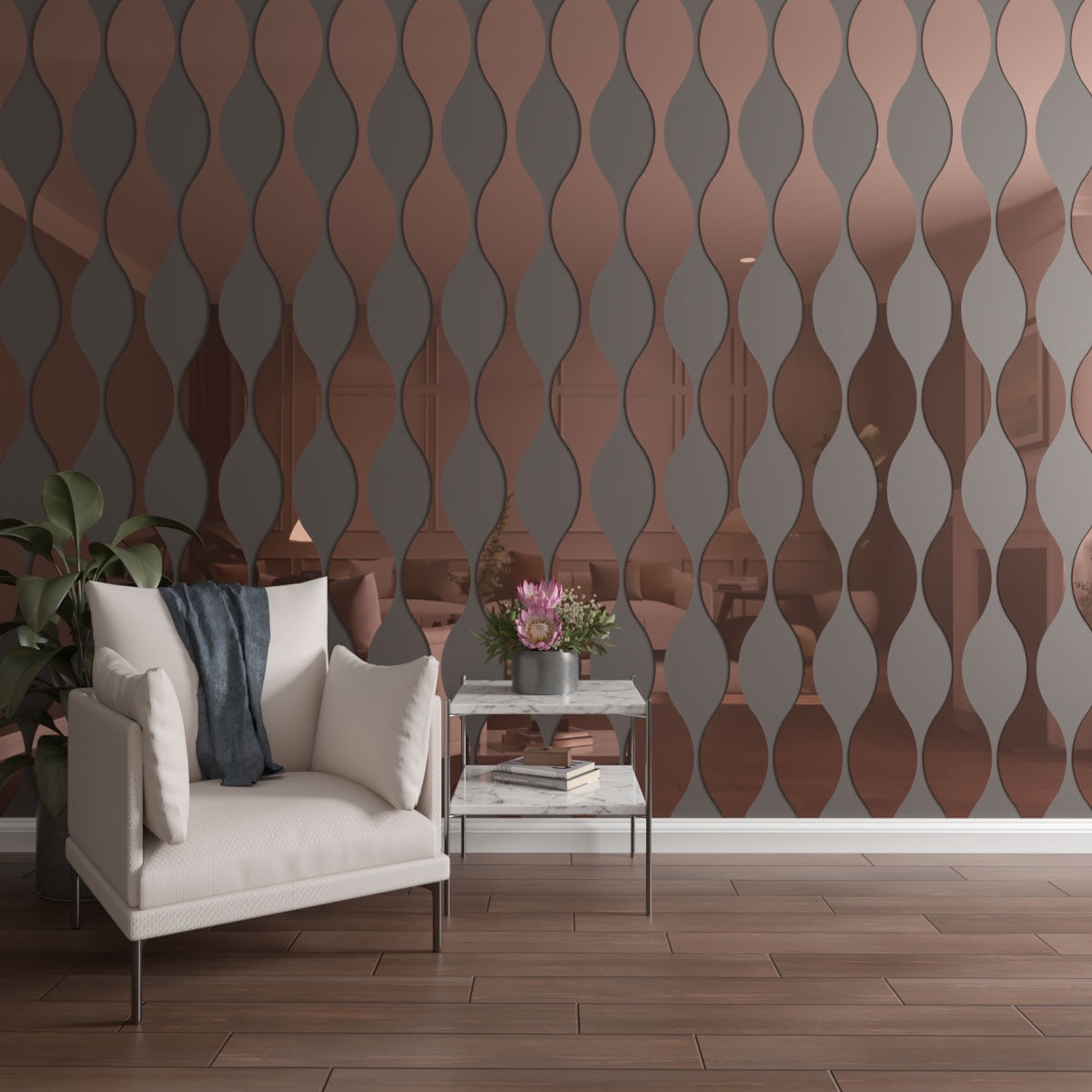 Ekena Millwork 94"H x 1/8"T Ozark Adjustable Acrylic Decorative Slat Wall Panel Kit, Rose Gold Mirror (contains 8 Slats + 1 Straight Edge Starter Slat)