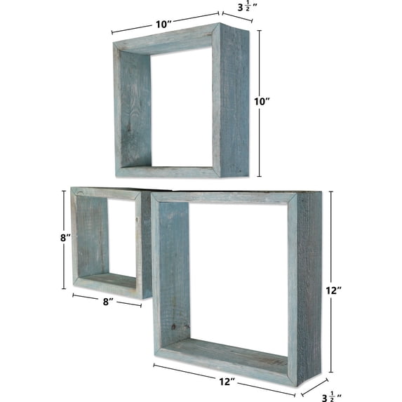 Ekena Millwork Set of 3, Square, Open Back, Vintage Farmhouse Shadow Box Shelves, Barnwood Decor Collection, Driftwood Blue