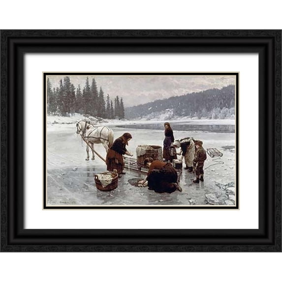 Ekenaes, Jahn 14x11 Black Ornate Wood Framed with Double Matting Museum Art Print Titled - Laundering, a Winters Day