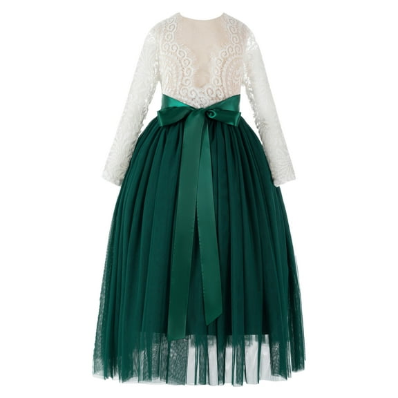 Ekidsbridal A-Line V-Back Lace Formal Flower Girl Dress with Sleeves Communion Baptism Gown for Church 290R 10