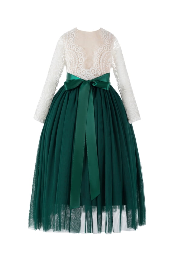 A-Line V-Back Lace Formal Flower Girl Dress with Sleeves Communion Baptism Gown for Church 290R 3