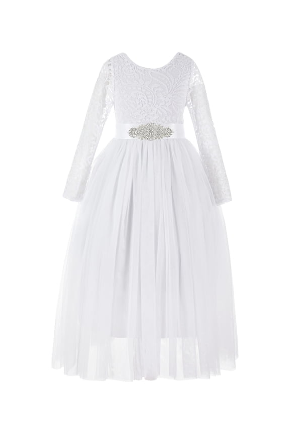 A-Line V-Back Lace Formal Flower Girl Dress with Sleeves Communion Baptism Gown for Church 290R3 2