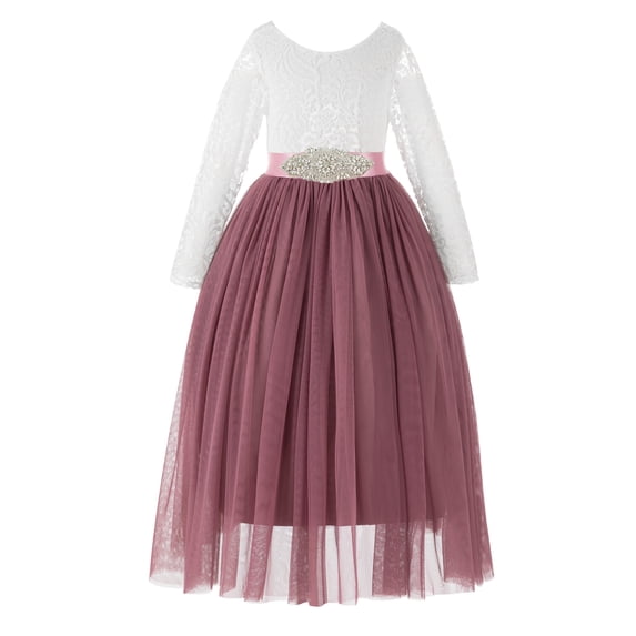 Ekidsbridal A-Line V-Back Lace Formal Flower Girl Dress with Sleeves Communion Baptism Gown for Church 290R3 M