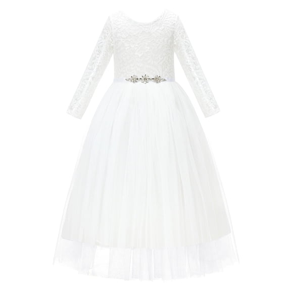Ekidsbridal A-Line V-Back Lace Formal Flower Girl Dress with Sleeves Communion Baptism Gown for Church 290R4 10
