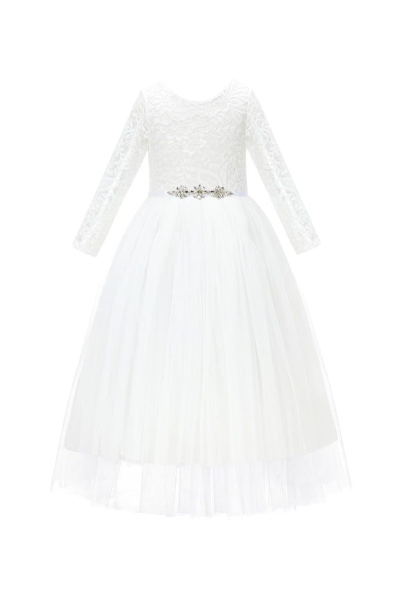 A-Line V-Back Lace Formal Flower Girl Dress with Sleeves Communion Baptism Gown for Church 290R4 8