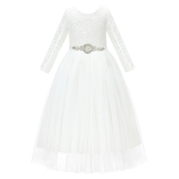 Ekidsbridal A-Line V-Back Lace Formal Flower Girl Dress with Sleeves Communion Baptism Gown for Church 290R7 2