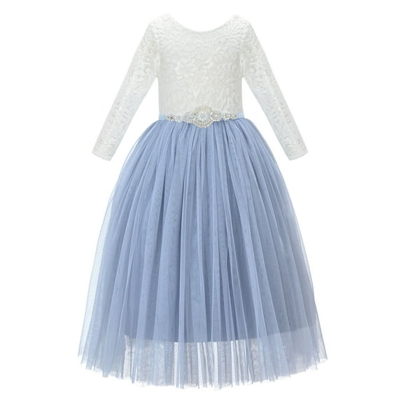 Ekidsbridal A-Line V-Back Lace Formal Flower Girl Dress with Sleeves Communion Baptism Gown for Church 290R7 8