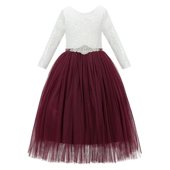 Ekidsbridal A-Line V-Back Lace Formal Flower Girl Dress with Sleeves Communion Baptism Gown for Church 290R7 8