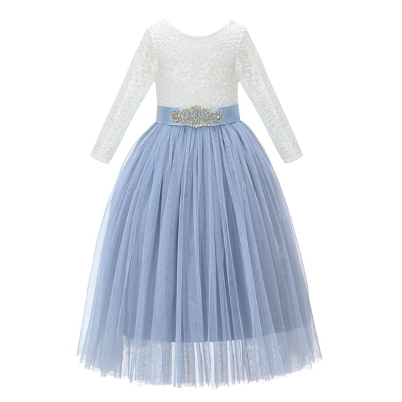 Ekidsbridal A-Line V-Back Lace Junior Flower Girl Dress with Sleeves Formal Photoshoot Social Event Birthday party Gown 290R3 3