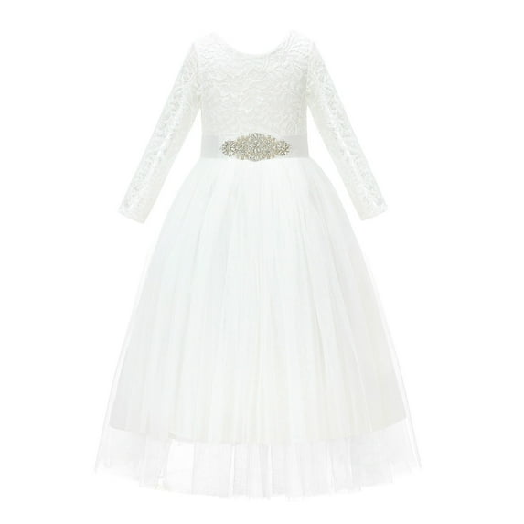 Ekidsbridal A-Line V-Back Lace Junior Flower Girl Dress with Sleeves Formal Photoshoot Social Event Birthday party Gown 290R3 6