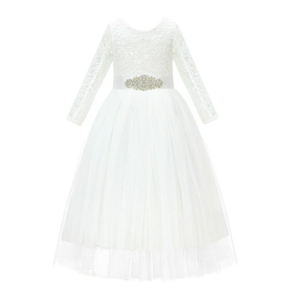 Ekidsbridal A-Line V-Back Lace Junior Flower Girl Dress with Sleeves Formal Photoshoot Social Event Birthday party Gown 290R3 6