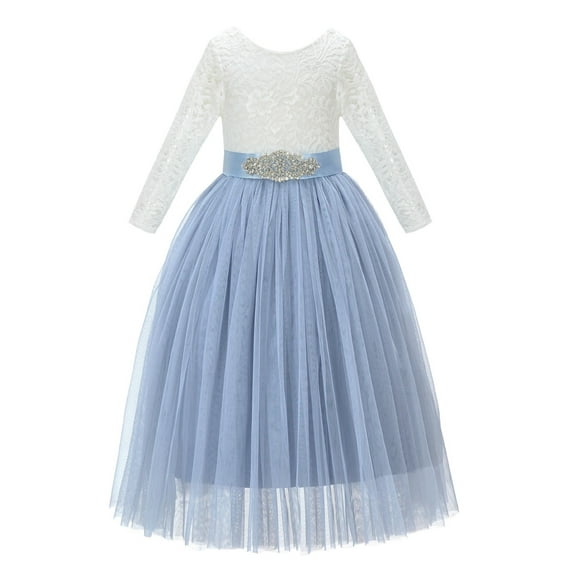 Ekidsbridal A-Line V-Back Lace Junior Flower Girl Dress with Sleeves Formal Photoshoot Social Event Birthday party Gown 290R3 M