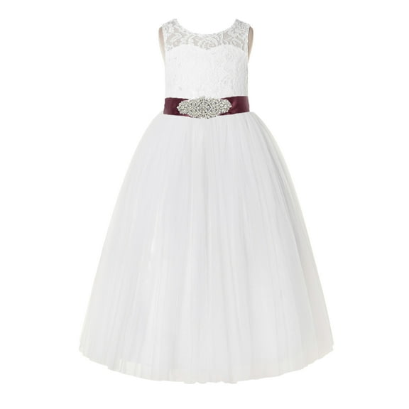 Ekidsbridal Communion Girl Flower Girl Dress - Ivory Floral Lace Keyhole Back with Rhinestone Beaded Sash 178R3-A (Size: 2-12)