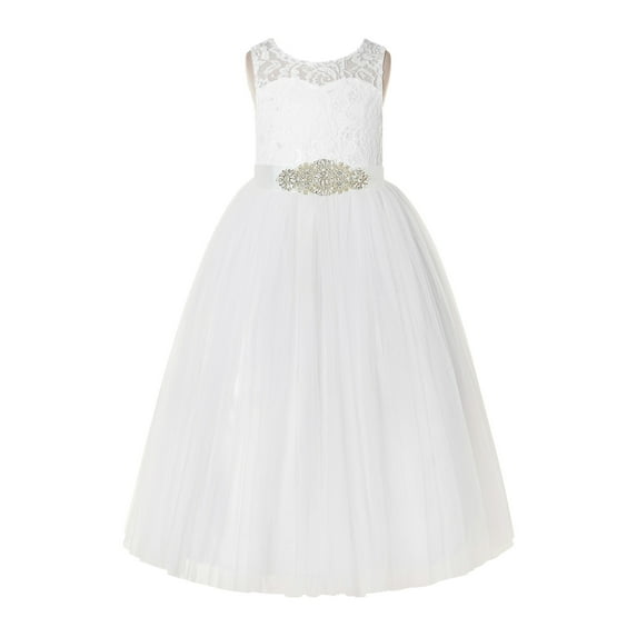 Ekidsbridal Communion Girl Flower Girl Dress - Ivory Floral Lace Keyhole Back with Rhinestone Beaded Sash 178R3-A (Size: 2-12)
