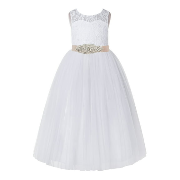 Ekidsbridal Communion Girl Flower Girl Dress - White Floral Lace Keyhole Back with Rhinestone Beaded Sash 178R3-A (Size: 2-12)