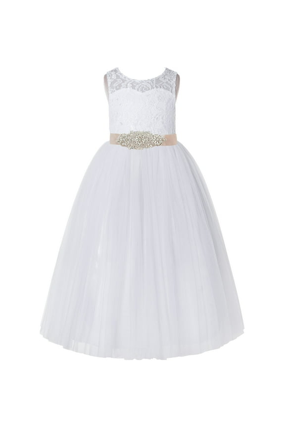 Communion Girl Flower Girl Dress - White Floral Lace Keyhole Back with Rhinestone Beaded Sash 178R3-A (Size: 2-12)
