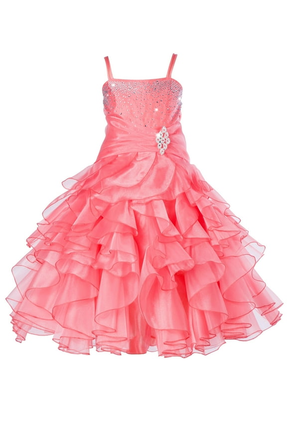 Elegant Stunning Rhinestone Organza Layers Flower Girl Dress Junior Bridesmaid Recital Easter Holiday Gown Birthday Girl Dress Communion Formal Clothing Baptism 164s coral 10