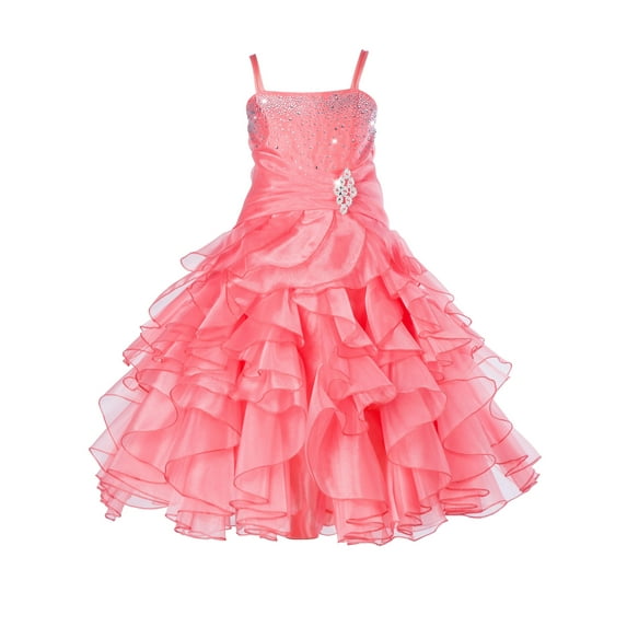 Ekidsbridal Elegant Stunning Rhinestone Organza Layers Flower Girl Dress Junior Bridesmaid Recital Easter Holiday Gown Birthday Girl Dress Communion Formal Clothing Baptism 164s coral 10