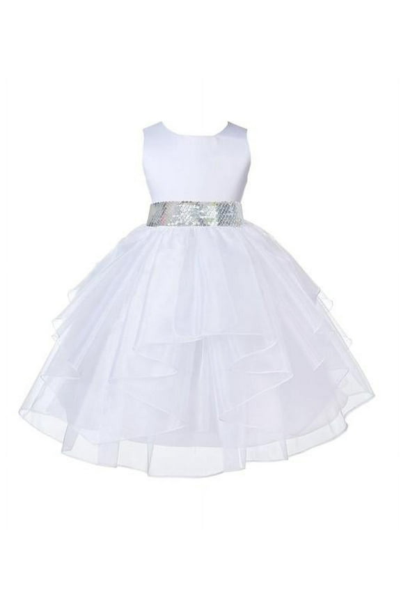 Formal White Shimmering Organza Sequin Sash Flower Girl Dresses Formal Photoshoot Christening Mini Bridal Wedding Gown 4613mh S