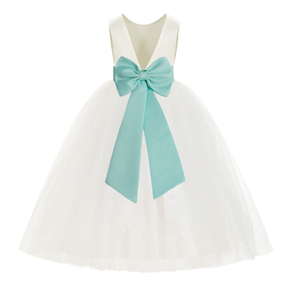 Ekidsbridal Girl Ballroom Flower Girl Dress - Backless Ivory Tulle with Tiebow (Size: M-14)