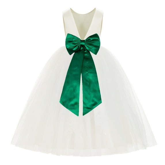 Ekidsbridal Girl Ballroom Flower Girl Dress - Backless Ivory Tulle with Tiebow (Size: M-14)
