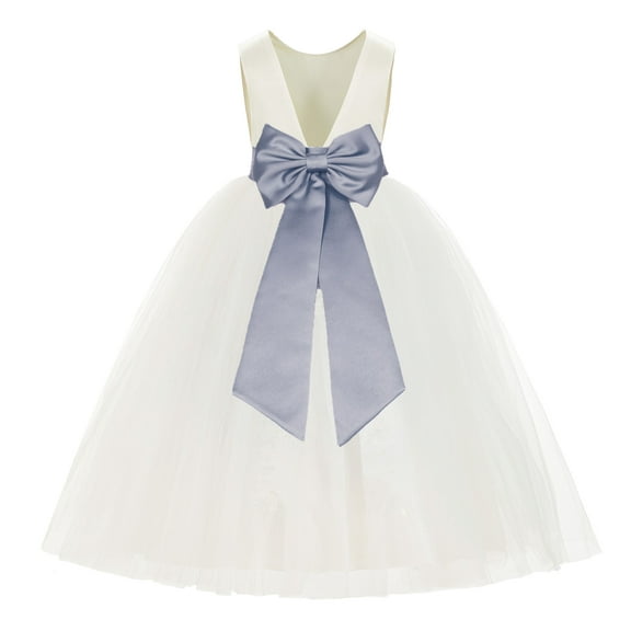 Ekidsbridal Girl Ballroom Flower Girl Dress - Backless Ivory Tulle with Tiebow (Size: M-14)