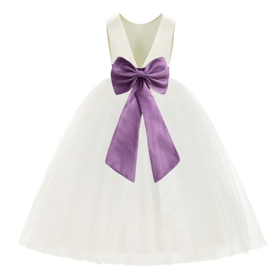 Ekidsbridal Girl Ballroom Flower Girl Dress - Backless Ivory Tulle with Tiebow (Size: M-14)