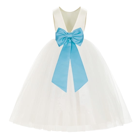 Ekidsbridal Girl Ballroom Flower Girl Dress - Backless Ivory Tulle with Tiebow (Size: M-14)