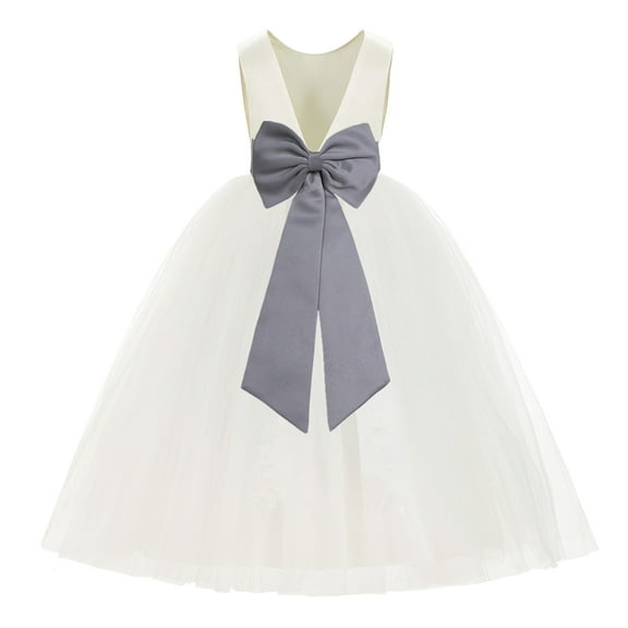 Ekidsbridal Girl Ballroom Flower Girl Dress - Backless Ivory Tulle with Tiebow (Size: M-14)