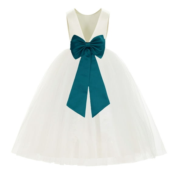 Ekidsbridal Girl Ballroom Flower Girl Dress - Backless Ivory Tulle with Tiebow (Size: M-14)