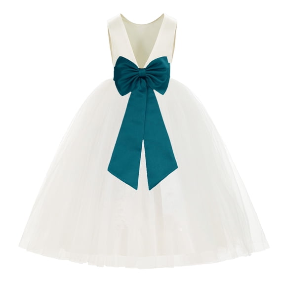 Ekidsbridal Girl Ballroom Flower Girl Dress - Backless Ivory Tulle with Tiebow (Size: M-14)