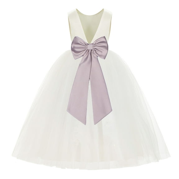 Ekidsbridal Girl Ballroom Flower Girl Dress - Backless Ivory Tulle with Tiebow (Size: M-14)
