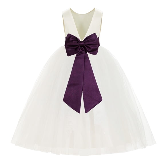 Ekidsbridal Girl Ballroom Flower Girl Dress - Backless Ivory Tulle with Tiebow (Size: M-14)