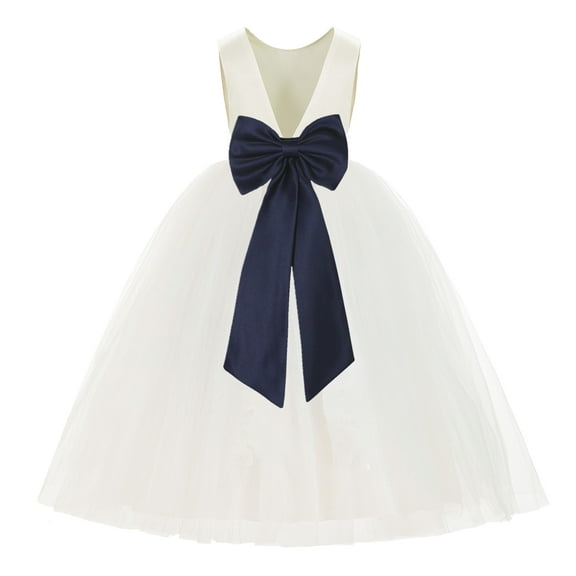 Ekidsbridal Girl Ballroom Flower Girl Dress - Backless Ivory Tulle with Tiebow (Size: M-14)