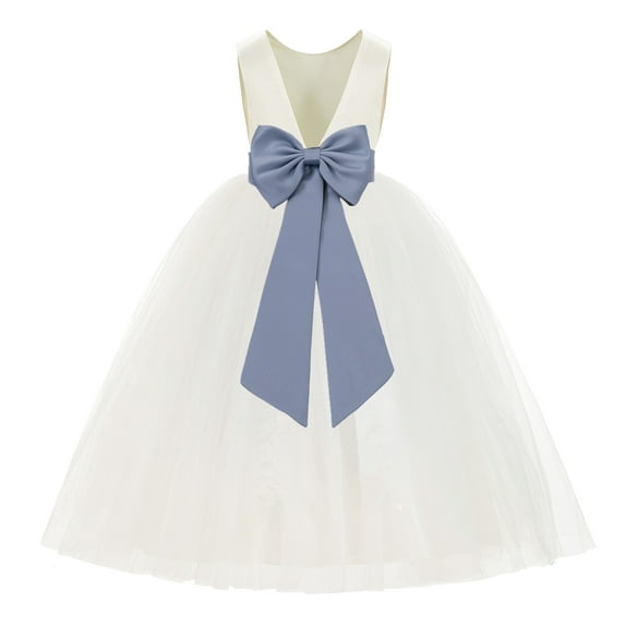 Ekidsbridal Girl Ballroom Flower Girl Dress - Backless Ivory Tulle with Tiebow (Size: M-14)