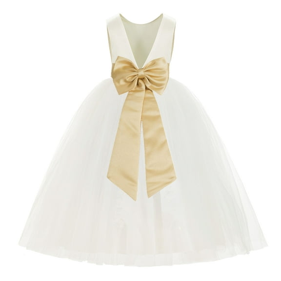 Ekidsbridal Girl Ballroom Flower Girl Dress - Backless Ivory Tulle with Tiebow (Size: M-14)